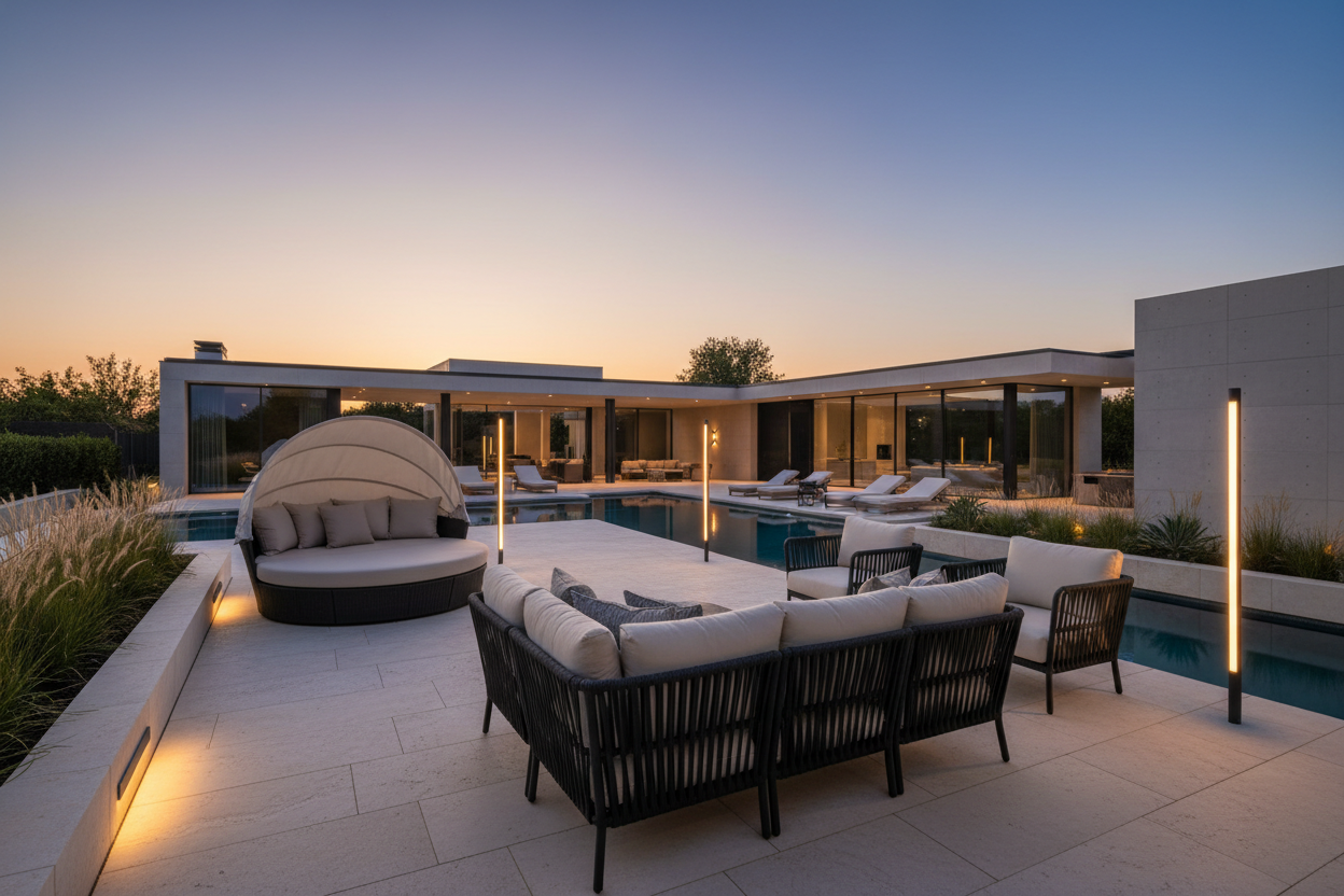 Generate a banner image suitable for a premium online store, but with natural lighting. Feature a photorealistic "Luxury" vibe of a modern architetural high end home backyard at evening time with th ellight fixture for outdoors on and a n outdoor furniture liunge aset ans a round day bed as the clear focus. The surrounding scene, mood, and setting should be designed entirely around the product — whether indoor or outdoor, modern or rustic, minimal or ornate — in a way that feels naturally cohesive