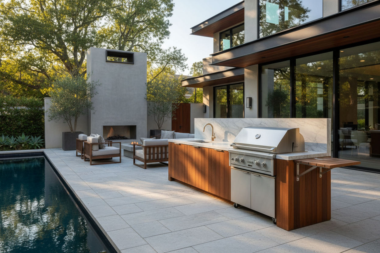 Generate a banner image suitable for a premium online store, but with natural lighting. Feature a photorealistic "Luxury" vibe of a modern architetural high end home backyard wiht an outdoor kithcne wiht wooden details and a seperate bbq as the clear focus. The surrounding scene, mood, and setting should be designed entirely around the product — whether indoor or outdoor, modern or rustic, minimal or ornate — in a way that feels naturally cohes