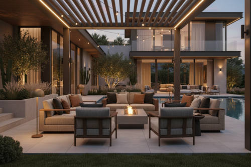 Generate a banner image suitable for a premium online store, but with natural lighting. Feature a photorealistic "Luxury" vibe of a modern architetural home backyard with a elegant cozy patio furniturtre set lounge and outdoor light fixtures evening time as the clear focus. The surrounding scene, mood, and setting should be designed entirely around the product — whether indoor or outdoor, modern or rustic, minimal or ornate — in a way that feels naturally cohes