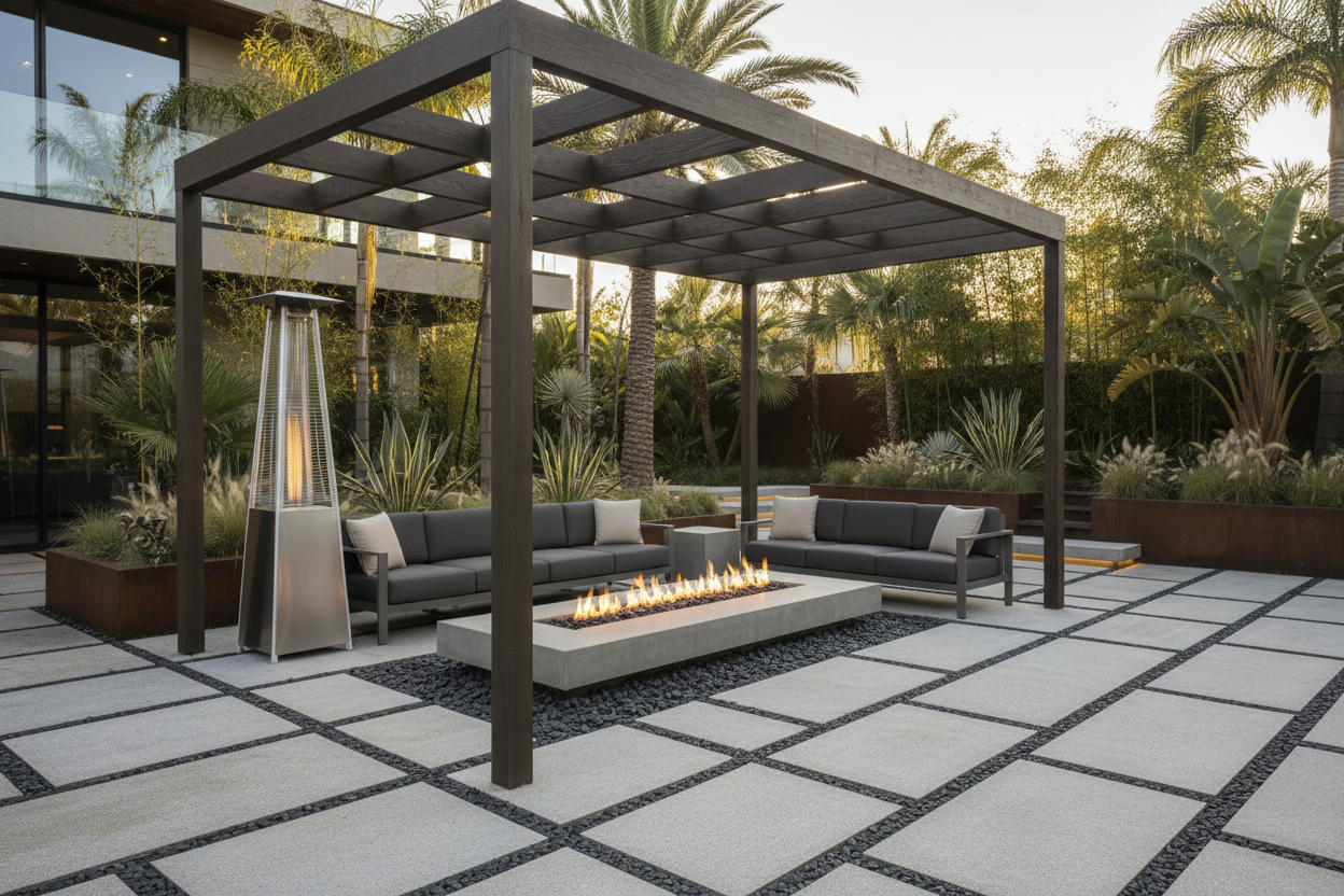 Generate a banner image suitable for a premium online store, but with natural lighting. Feature a photorealistic "Luxury" vibe of a modern architeturalhome backyard with a pergola and below it is a rectuangualr fire pit and a tower heater as the clear focus. The surrounding scene, mood, and setting should be designed entirely around the product — whether indoor or outdoor, modern or rustic, minimal or ornate — in a way that feels naturally cohesive